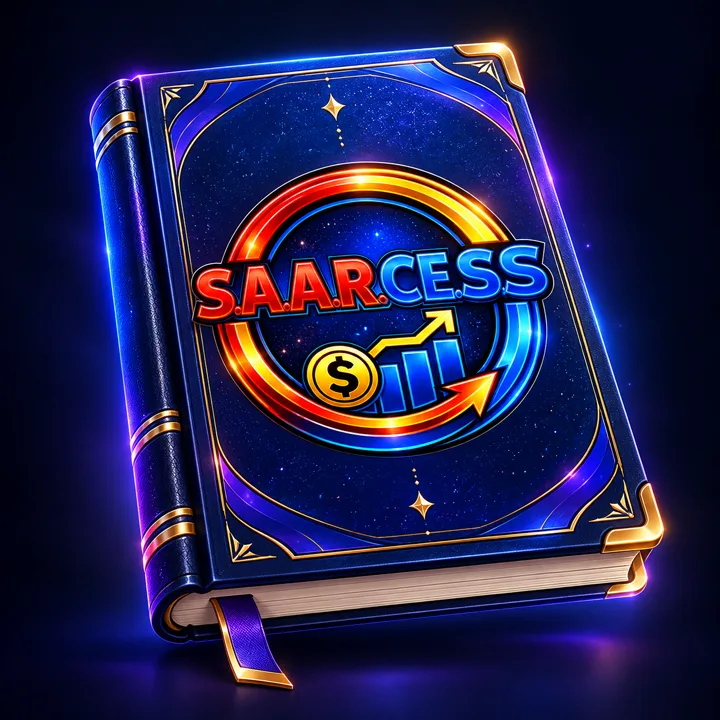 SAARCESS private journal with a glowing blue, gold, and rainbow cover